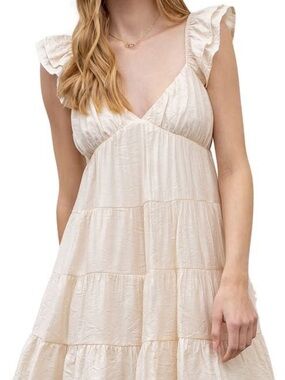 Blu Pepper Cream Ruffle V-neck Babydoll dress